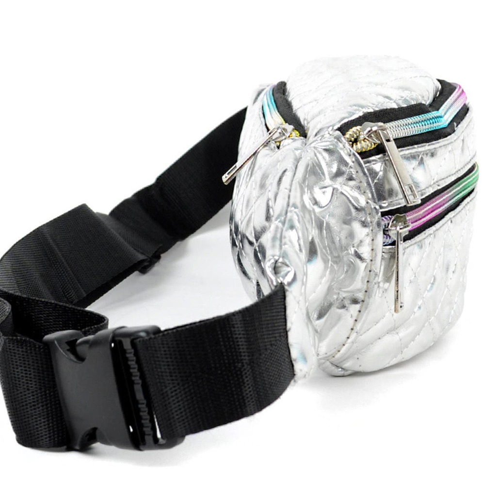 Quilted Metallic Silver Fanny Pack Belt Bag Sling Bag with Iridescent Zippers - Picture 3 of 6